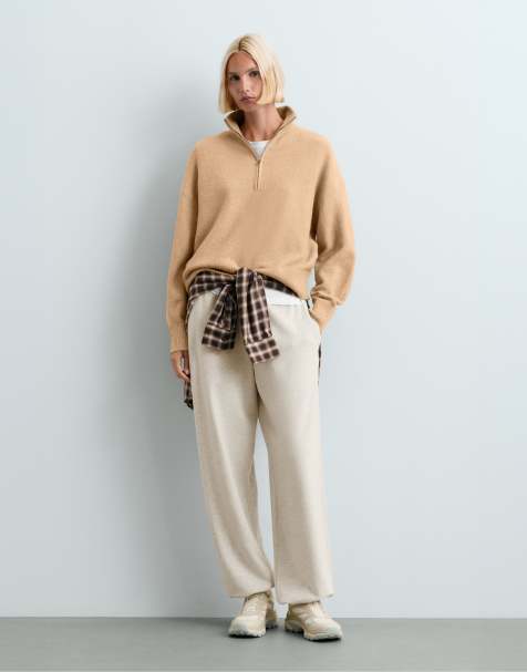 OYSHO Cotton-blend fleece joggers in cream - view 1