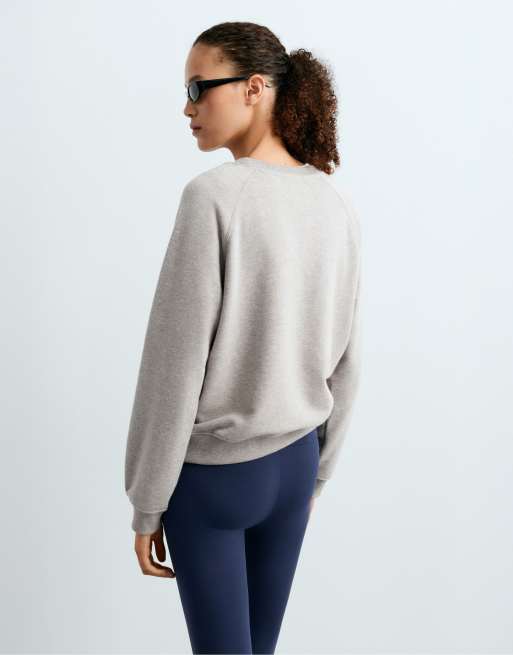 OYSHO Cotton-blend fleece round neck sweatshirt in mid-grey melange, 4 of 7