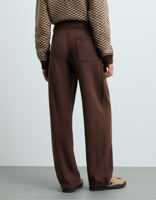 OYSHO Cotton blend fleece straight-leg trousers in brown, 3 of 6