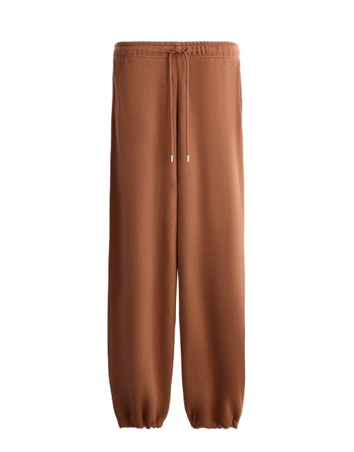 OYSHO Cotton blend fleece straight-leg trousers in camel, 6 of 7