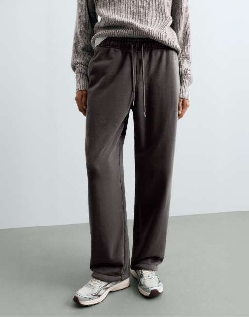 OYSHO Cotton blend fleece straight-leg trousers in dark anthracite, 2 of 7