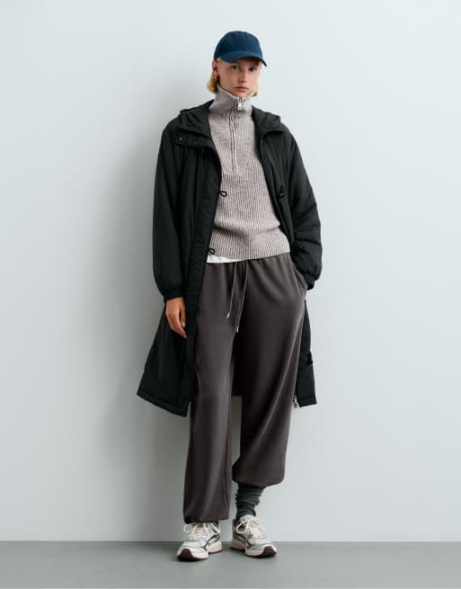 OYSHO Cotton blend fleece straight-leg trousers in dark anthracite, 3 of 7
