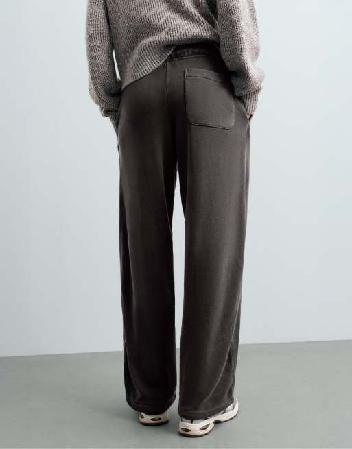 OYSHO Cotton blend fleece straight-leg trousers in dark anthracite, 4 of 7