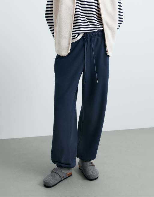 OYSHO Cotton blend fleece straight-leg trousers in navy, 2 of 6
