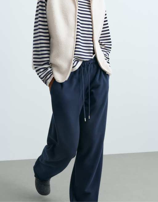 OYSHO Cotton blend fleece straight-leg trousers in navy, 3 of 6