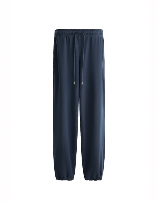 OYSHO Cotton blend fleece straight-leg trousers in navy, 6 of 6