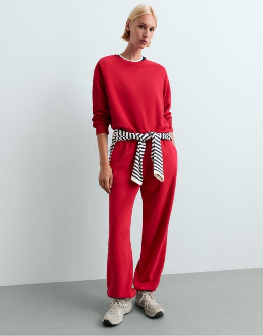 OYSHO Cotton blend fleece straight-leg trousers in red, 5 of 7