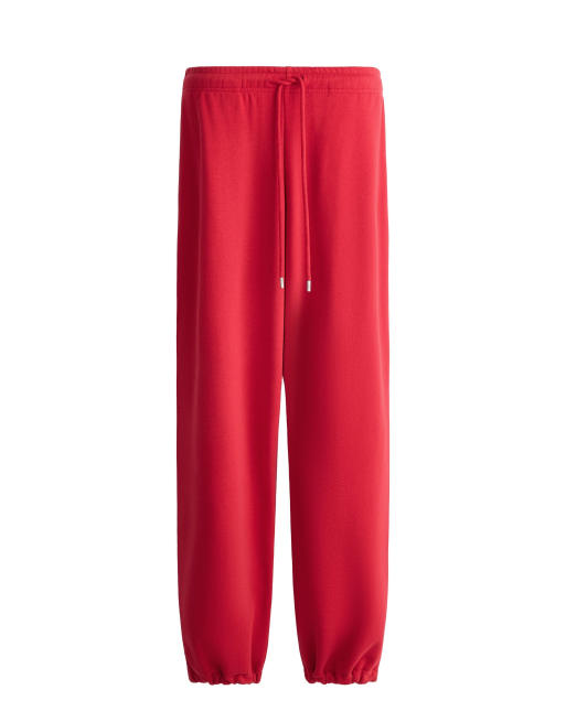 OYSHO Cotton blend fleece straight-leg trousers in red, 6 of 7
