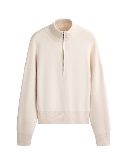 OYSHO Cotton-blend half-zip knit jumper in ivory ecru, 5 of 6