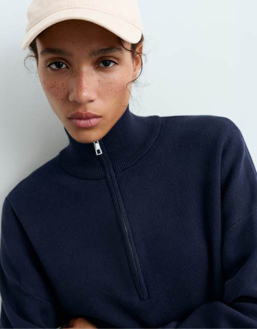 OYSHO Cotton-blend half-zip knit jumper in navy, 3 of 5