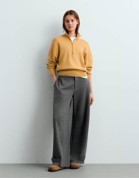 OYSHO Cotton-blend half-zip knit jumper in ochre - view 1