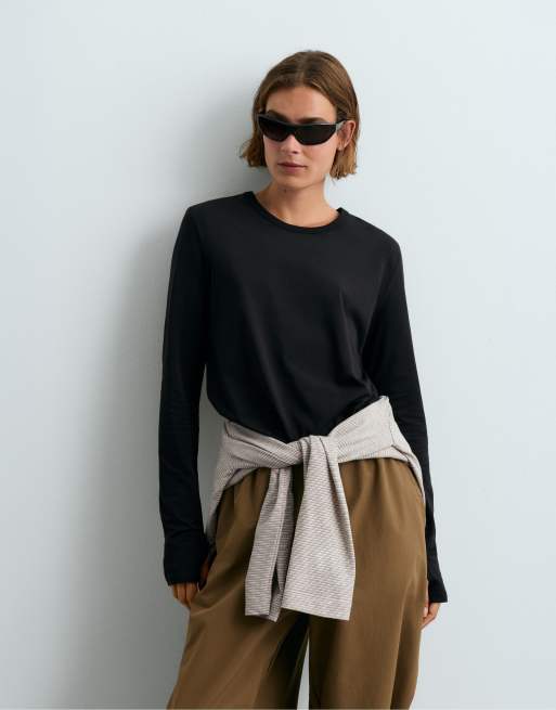 OYSHO Cotton blend long-sleeved t-shirt in black, 2 of 5