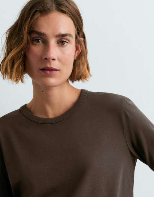 OYSHO Cotton blend long-sleeved t-shirt in brown, 3 of 5