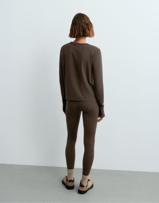 OYSHO Cotton blend long-sleeved t-shirt in brown, 4 of 5