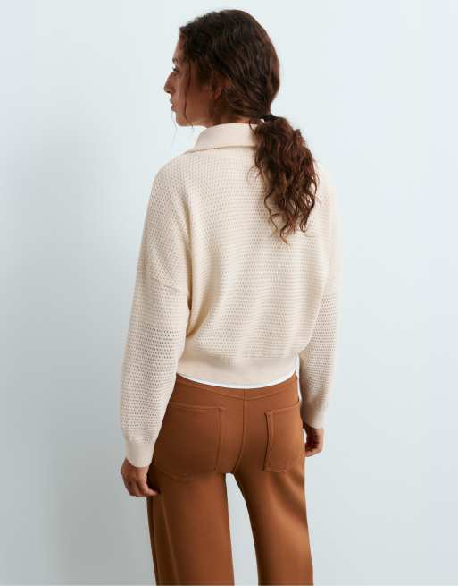 OYSHO Cotton-blend open knit jumper in pale ecru, 4 of 6