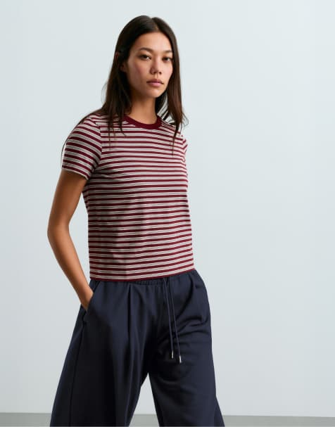 OYSHO Cotton blend short-sleeved t-shirt in burgundy - view 1