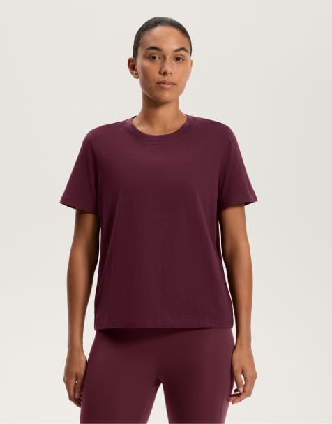 OYSHO Cotton blend short-sleeved t-shirt in dark maroon - view 1