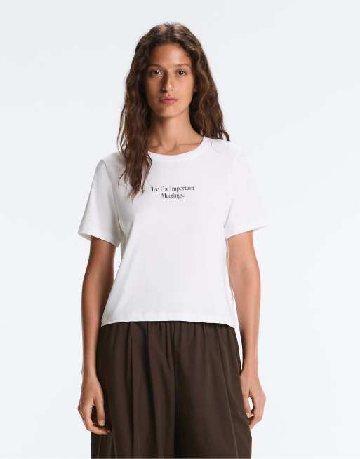 OYSHO Cotton blend short-sleeved t-shirt with slogan in off-white, 2 of 4