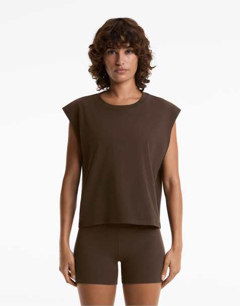 Oysho Cotton blend sleeveless seamless t-shirt in dark brown - view 1