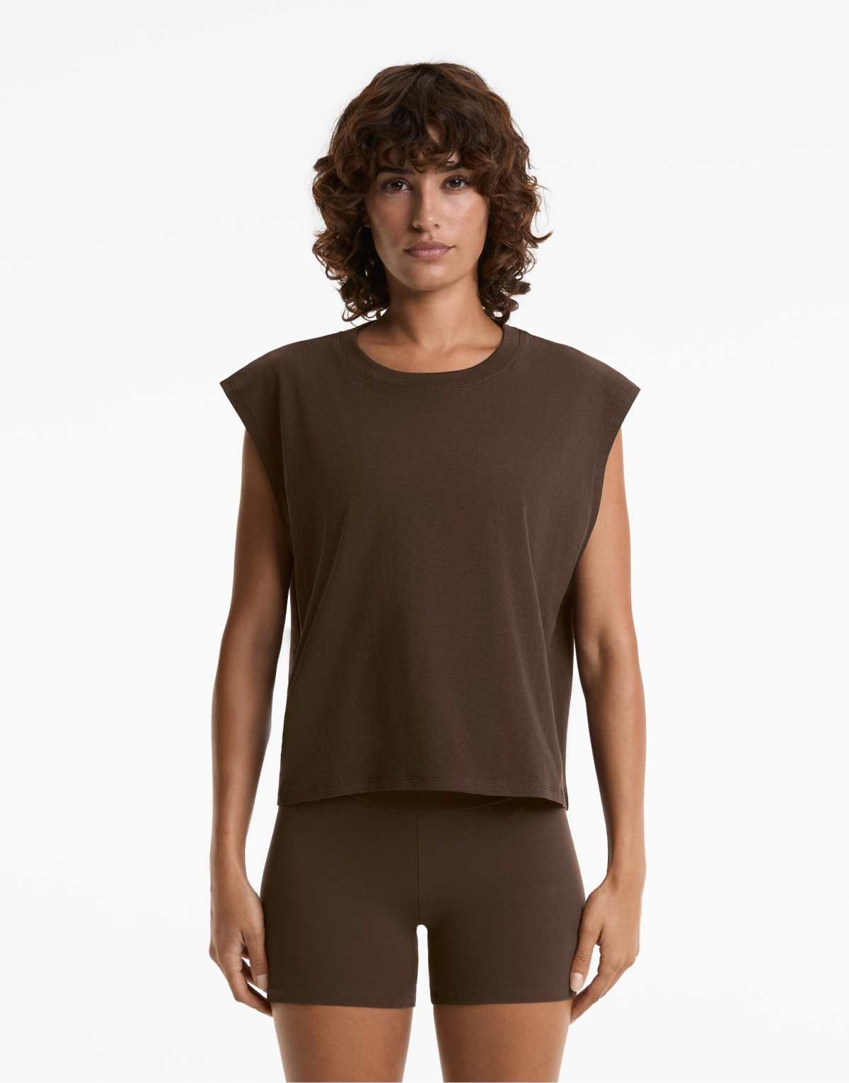 Oysho Cotton blend sleeveless seamless t-shirt in dark brown