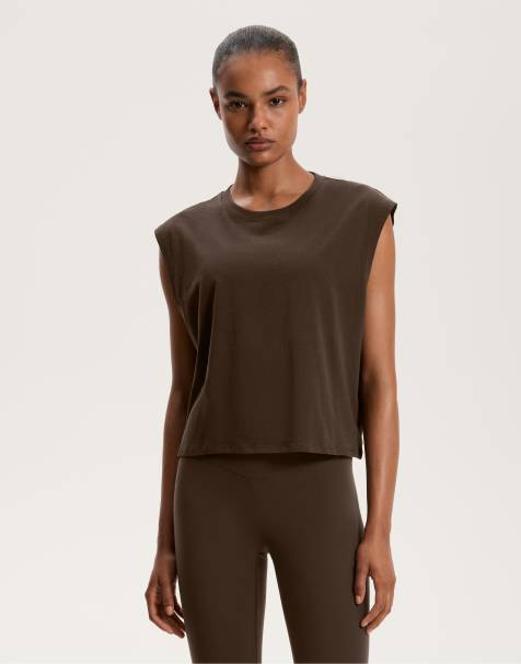 OYSHO Cotton blend sleeveless seamless t-shirt in dark brown - view 1