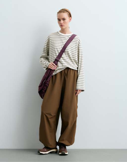 OYSHO Cotton blend t-shirt with long sleeve and stripes in pale grey, 2 of 5