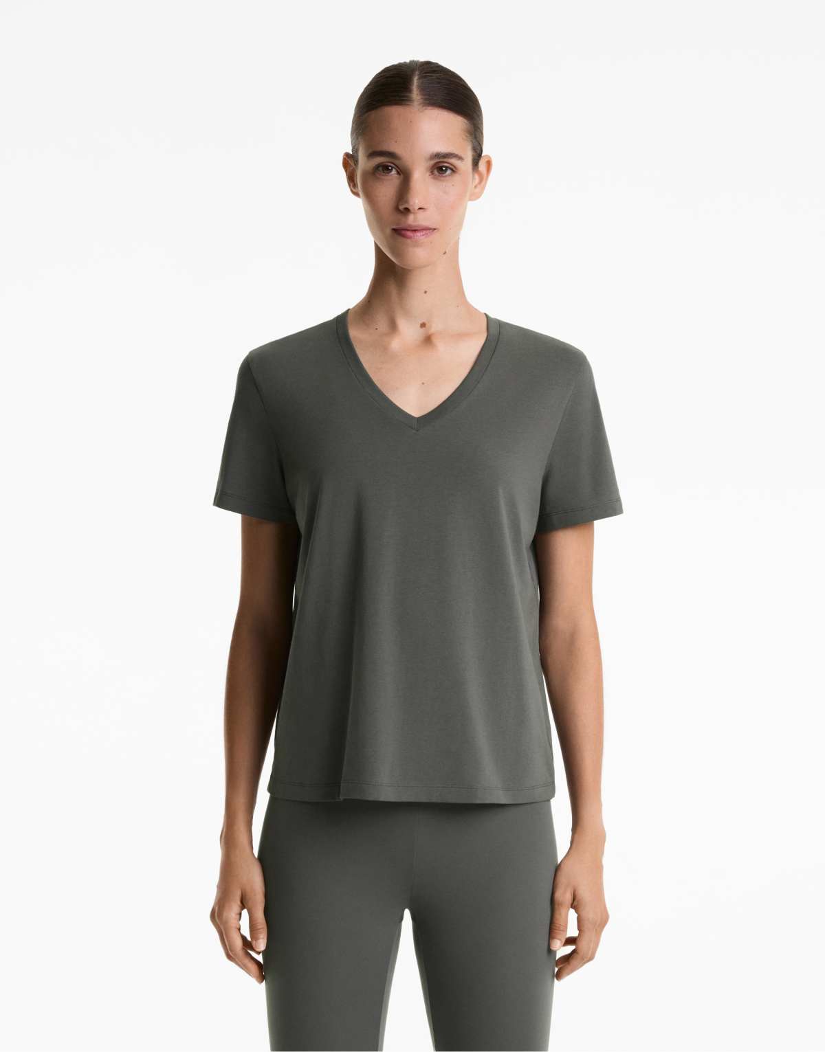 OYSHO Cotton blend v-neck t-shirt in dark anthracite