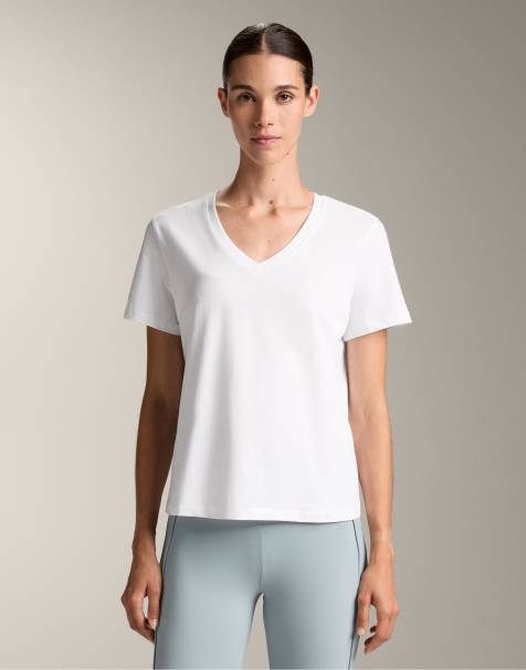 OYSHO Cotton blend v-neck t-shirt in off-white