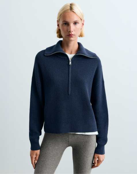 OYSHO Cotton half-zip knit jumper in navy - view 1