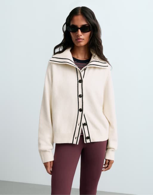 OYSHO Cotton lapel collar cardigan in pale ecru, 2 of 4