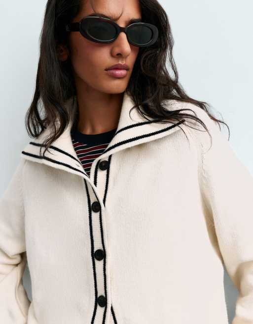 OYSHO Cotton lapel collar cardigan in pale ecru, 3 of 4