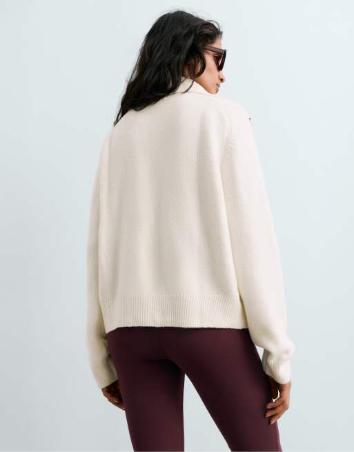 OYSHO Cotton lapel collar cardigan in pale ecru, 4 of 4