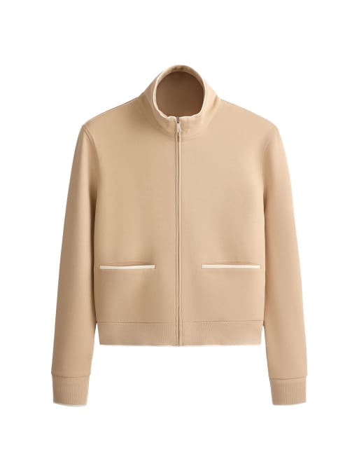 OYSHO Cotton piqué jacket with piping in beige, 4 of 7