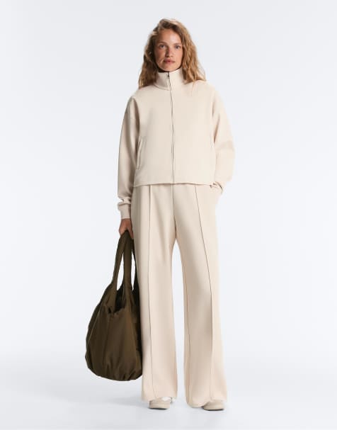 OYSHO Cotton piqué straight-leg trousers with crease in light beige