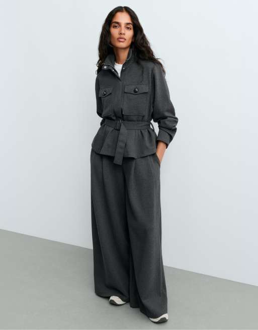 OYSHO Cotton piqué wide-leg trousers in dark grey, 3 of 5