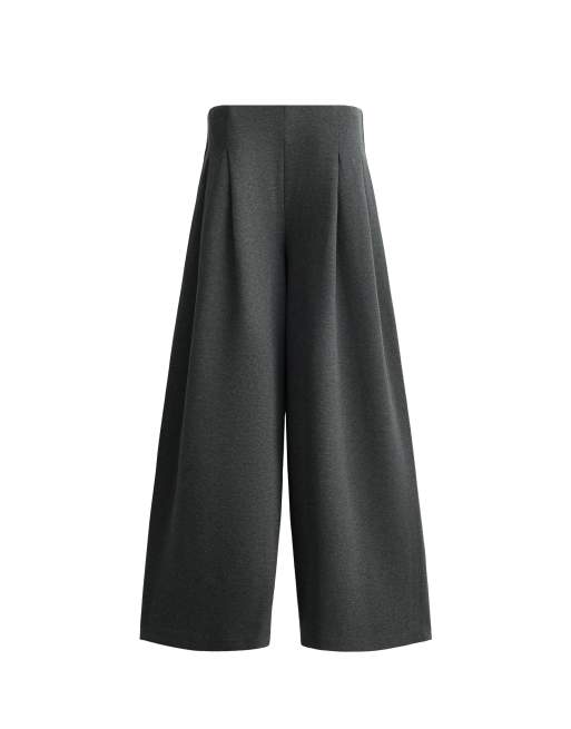 OYSHO Cotton piqué wide-leg trousers in dark grey, 5 of 5