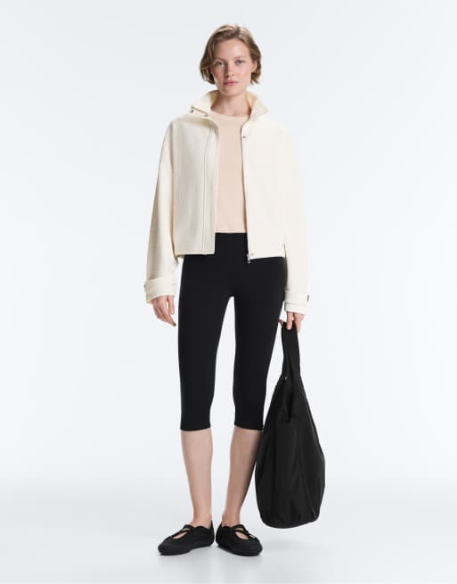 OYSHO Cotton stripe texture cropped jacket in pale ecru, 2 of 4