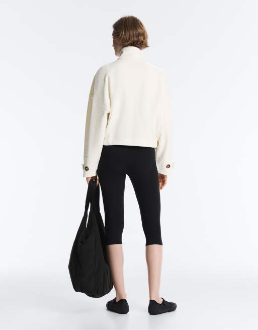 OYSHO Cotton stripe texture cropped jacket in pale ecru, 4 of 4