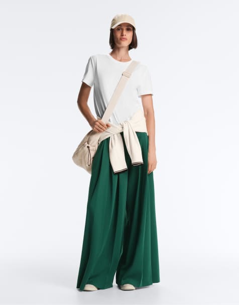 OYSHO Cotton wide-leg pique pleated trousers in dark emerald