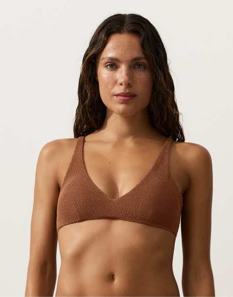 OYSHO Crinkle halter bikini in brown