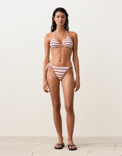 OYSHO Crochet stripe bikini in white and red - view 1