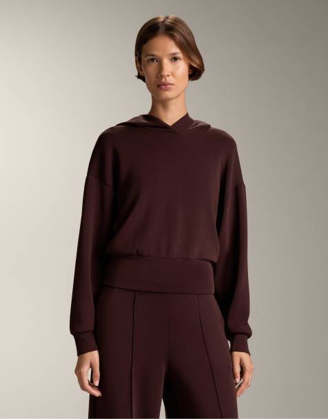 OYSHO Crop hooded sweatshirt with fitted waist and soft-touch modal in brown - view 1
