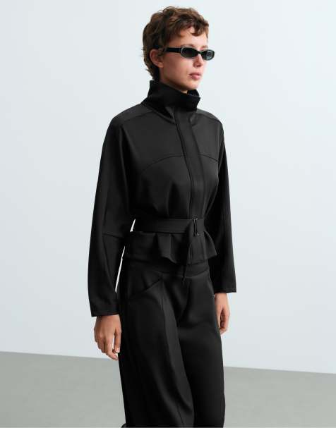 OYSHO Cropped neoprene-effect belted jacket in black - view 1