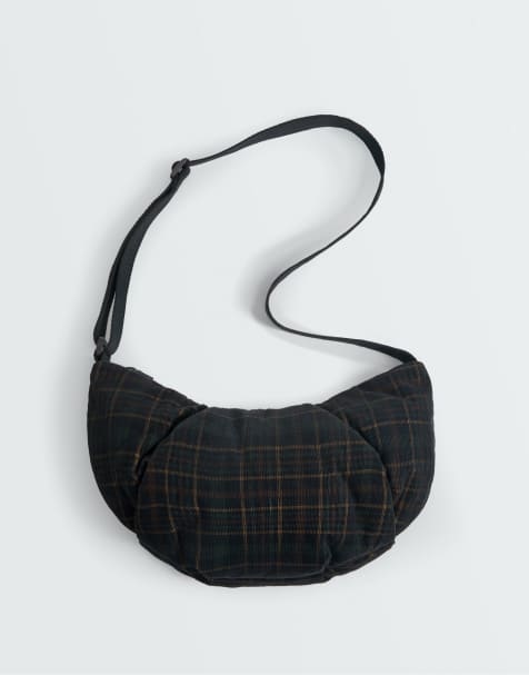 OYSHO crossbody-taske i mikroribbet fløjl med ternet print i vasket antracit - view 1