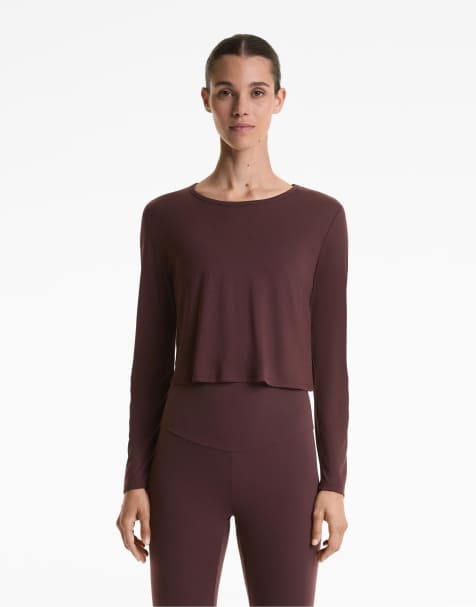 OYSHO Crossover back crop t-shirt with modal in brown - view 1