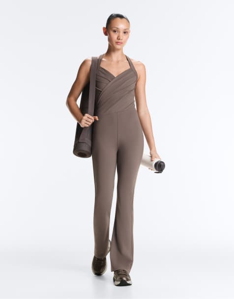 OYSHO Crossover comfortlux long flare jumpsuit in taupe-grey - view 1