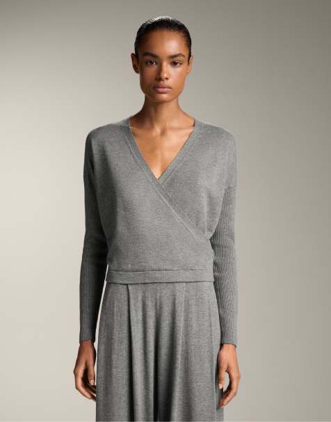 OYSHO Crossover knit jumper with rib sleeves in grey melange