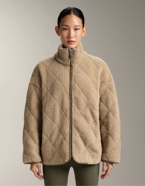 OYSHO Diamond quilted faux-shearling jacket in green beige - view 1