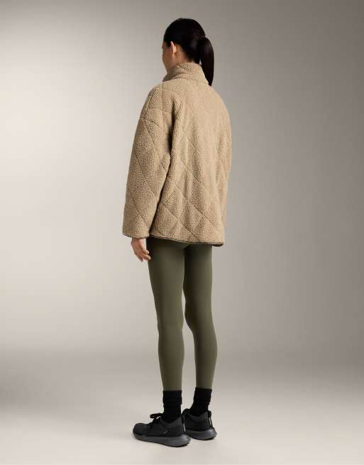 OYSHO Diamond quilted faux-shearling jacket in green beige, 3 of 4