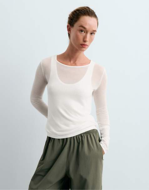 OYSHO Double sheer long-sleeved t-shirt in off-white - view 1